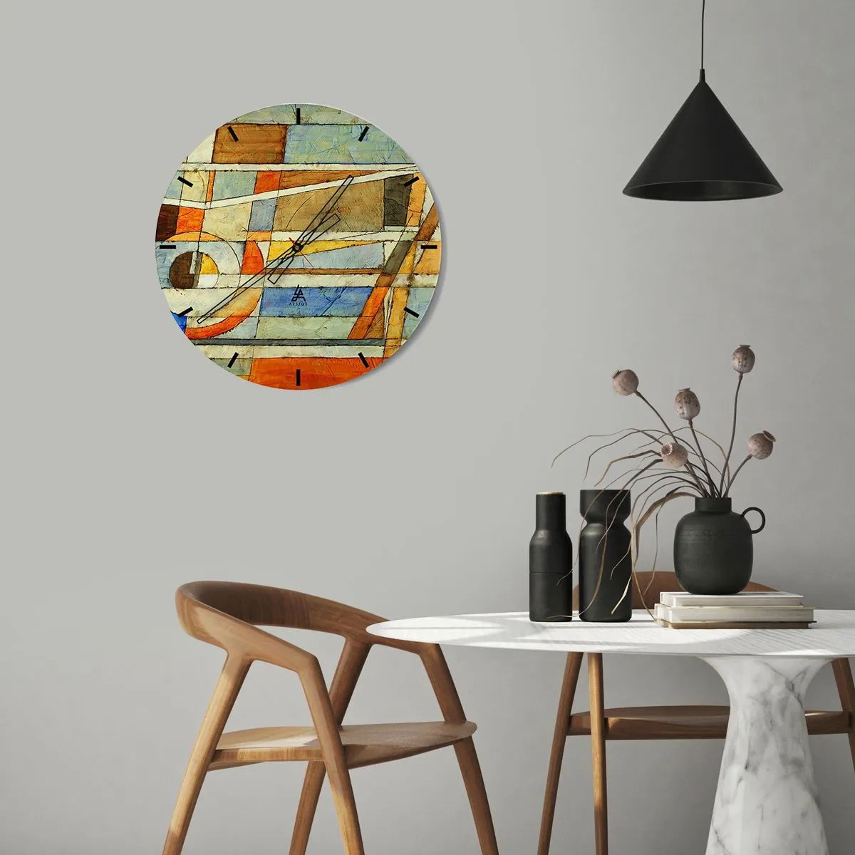 Vægur, Uret - Abstrakt mønster med orange, beige og blå farver - 30x30cm - Kubisme på en byggeplads - Moderne vægdekoration til stue, køkken og soveværelse ARTTOR