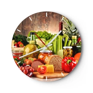 Vægur, Uret - Forskellige fødevarer på en træbaggrund - 30x30cm - Røget, ristet, marineret - Moderne vægdekoration til stue, køkken og soveværelse ARTTOR