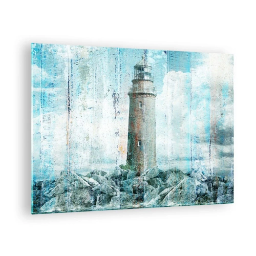 Billede på glas - Vintage fyrtårn med skyer i baggrunden - 70x50cm - På gammelt træ - Moderne vægdekoration til stue og soveværelse ARTTOR