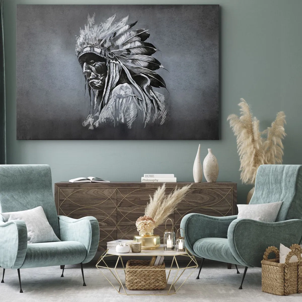 Lærredstryk - Billede på lærred - Portræt af en indisk høvding iført en traditionel hovedbeklædning - 70x50cm - Tilbage til rødderne - Moderne vægdekoration til stue og soveværelse ARTTOR
