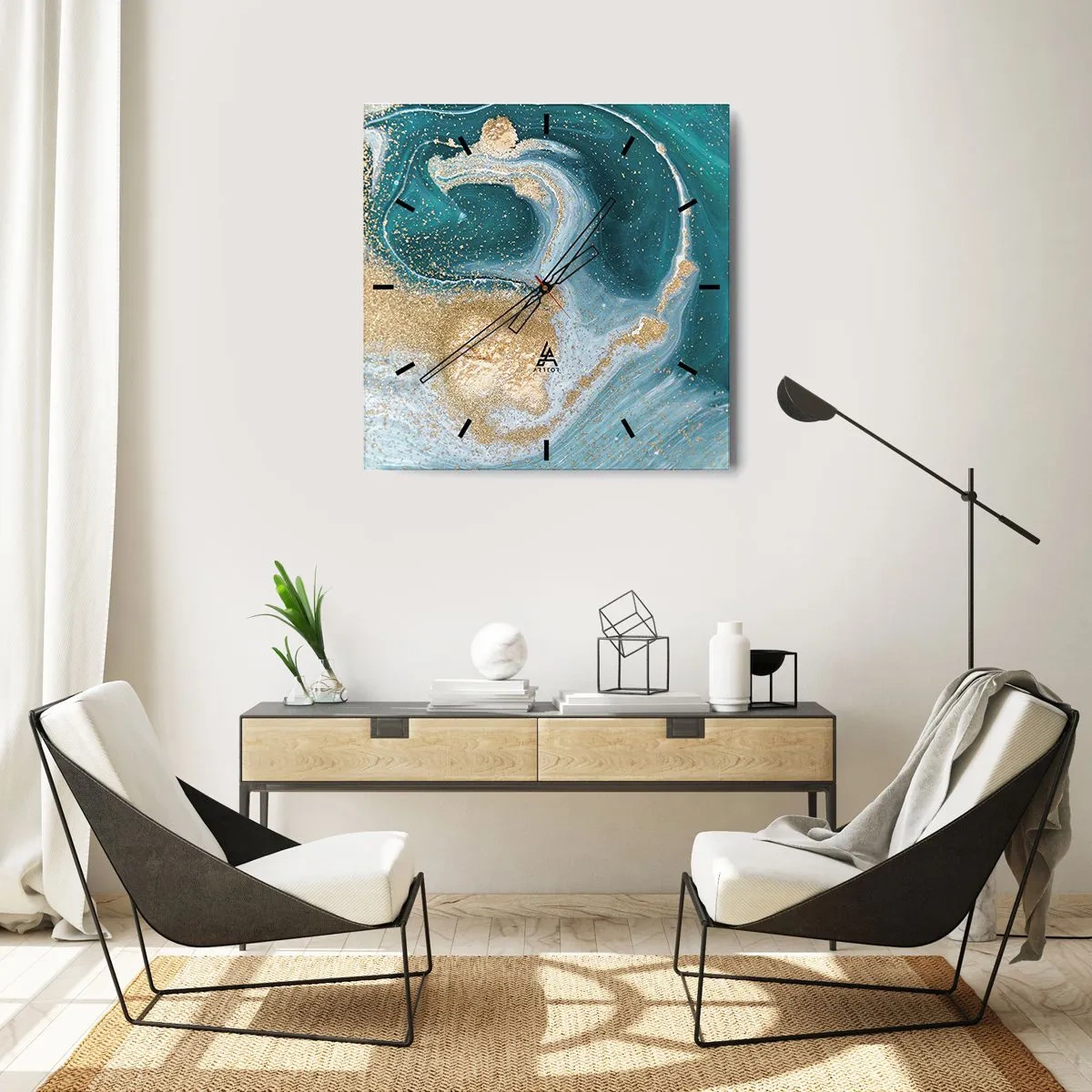 Vægur, Uret - En hvirvel af guld og turkis - 40x40 cm