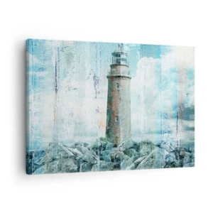 Lærredstryk - Billede på lærred - Et fyrtårn på en klippefyldt kystlinje i pastelfarver - 70x50cm - På gammelt træ - Moderne vægdekoration til stue og soveværelse ARTTOR