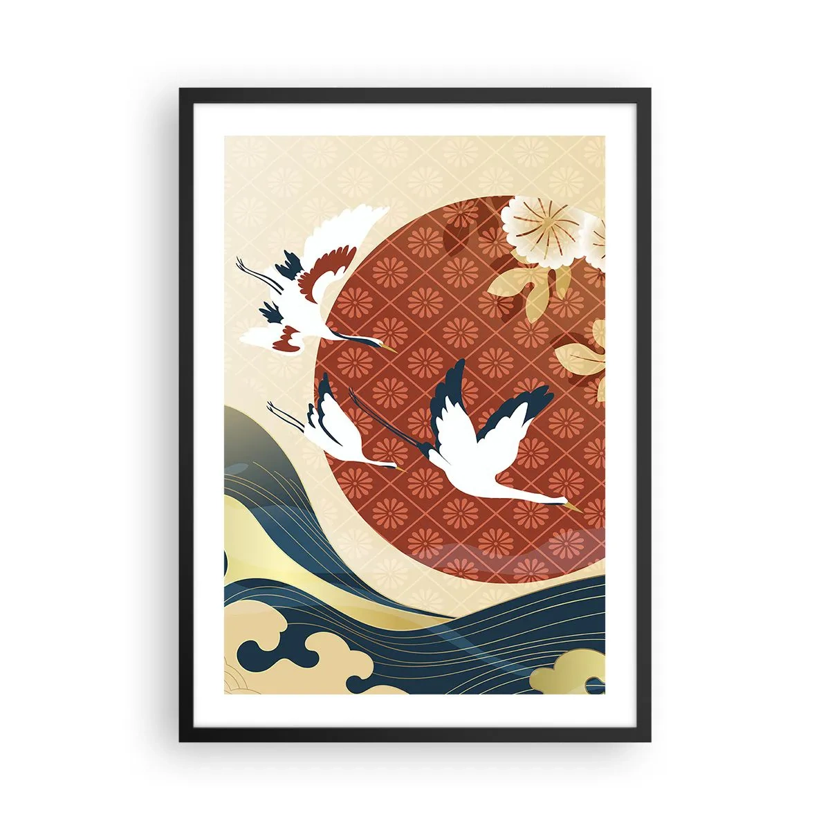 Plakat i sort ramme - Japansk komposition med traner, bølger og en rød cirkel - 50x70cm - Kompatibel manglende overensstemmelse - Moderne vægdekoration til stue og soveværelse ARTTOR