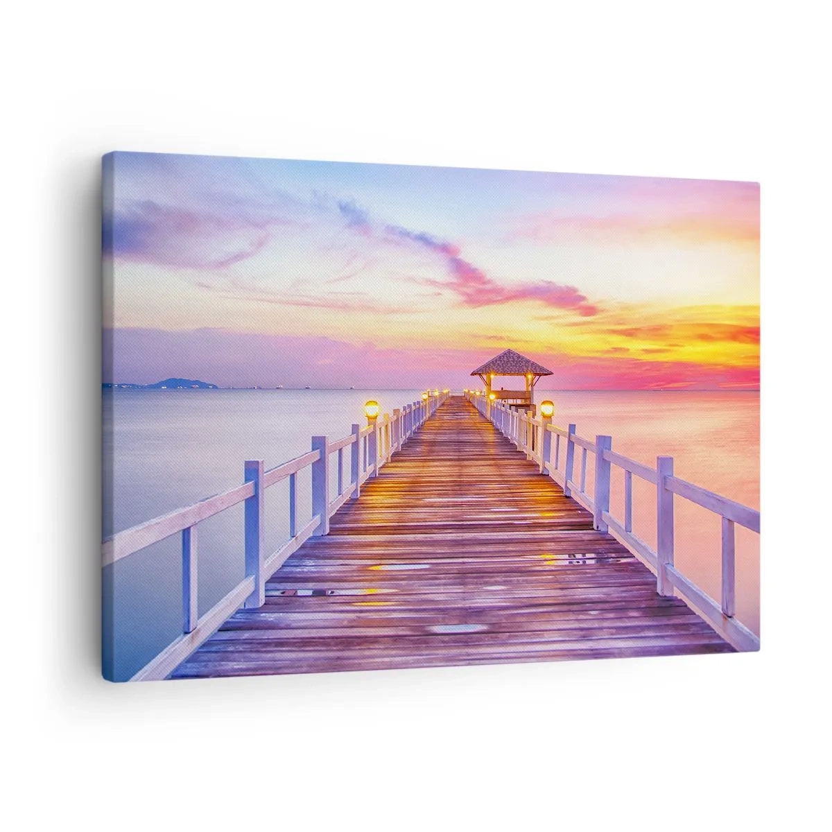 Lærredstryk - Billede på lærred - En mole over vandet ved solnedgang i pastelfarver - 70x50cm - Lilagylden stilhed om aftenen - Moderne vægdekoration til stue og soveværelse ARTTOR