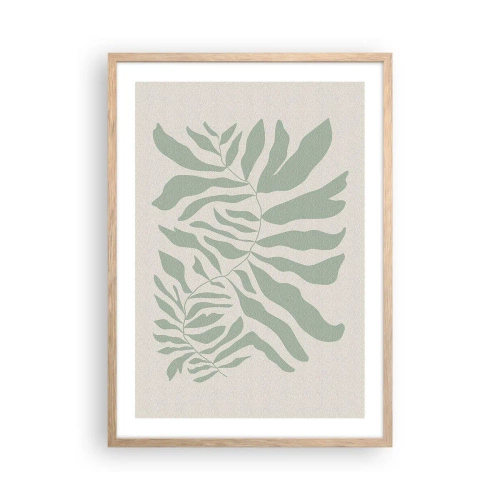 Plakat i ramme af lyst egetræ - Smaragdgrøn gren - 50x70 cm
