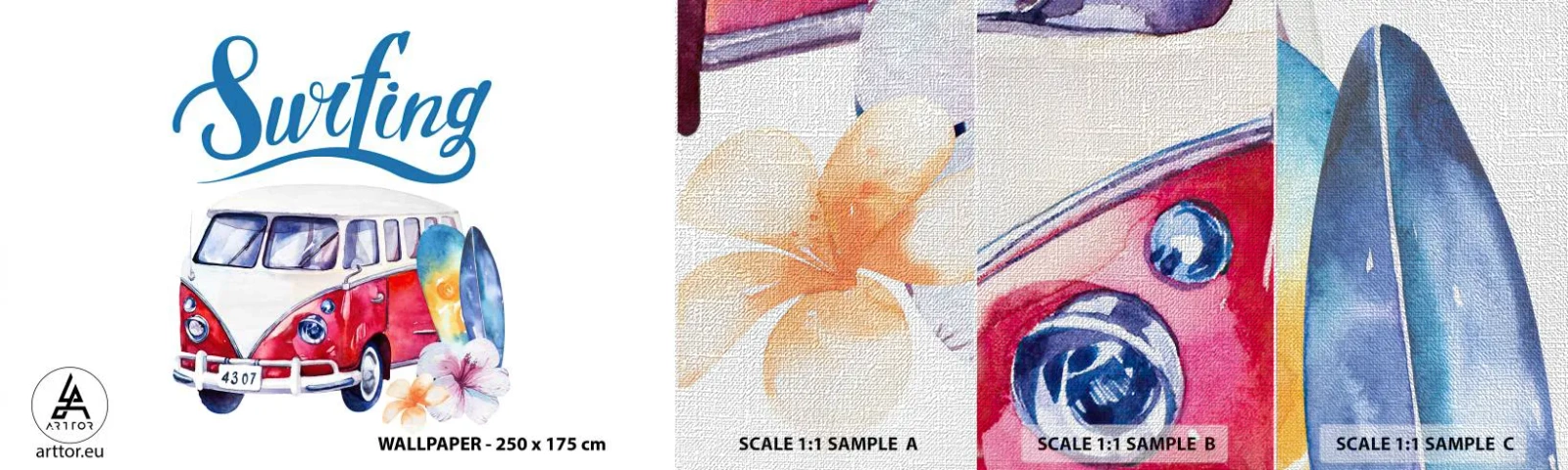 Prøve Fototapet Premium Canvas - Agurk - en klassiker for surferen - Vintage bus, Rejser, Surfbræt - 100x30 cm