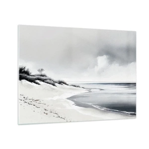 Billede på glas - Sort og hvid strand med horisont og roligt hav - 70x50cm - Altid sammen - Moderne vægdekoration til stue og soveværelse ARTTOR