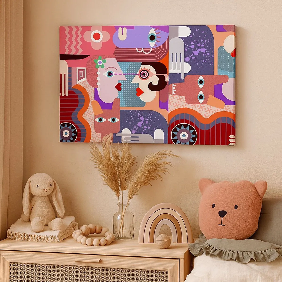 Lærredstryk - Billede på lærred - Abstrakte figurer i levende farver - 70x50cm - Øje mod øje - Moderne vægdekoration til stue og soveværelse ARTTOR
