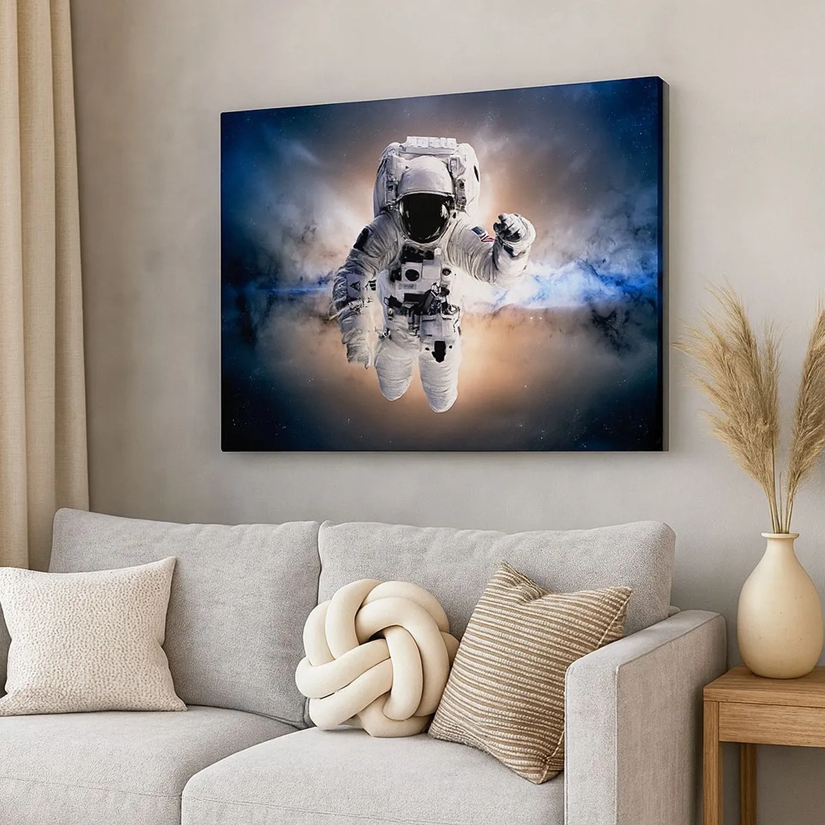 Lærredstryk - Billede på lærred - Astronaut i rummet - 70x50cm - Hilsner fra det ydre rum - Moderne vægdekoration til stue og soveværelse ARTTOR