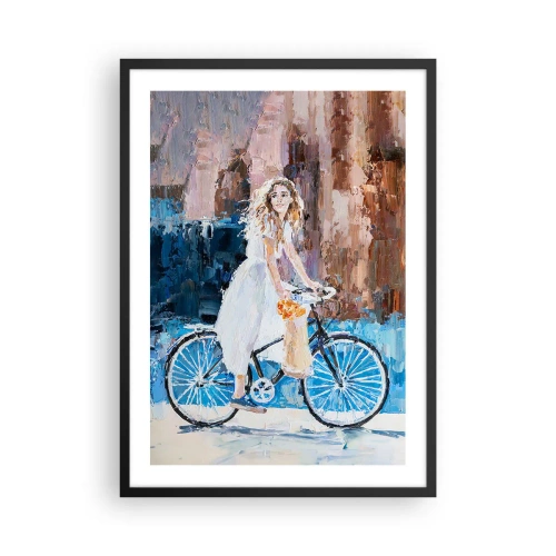 Plakat i sort ramme - Impressionistisk scene med en cyklist - 50x70cm - Glæde om morgenen - Moderne vægdekoration til stue og soveværelse ARTTOR