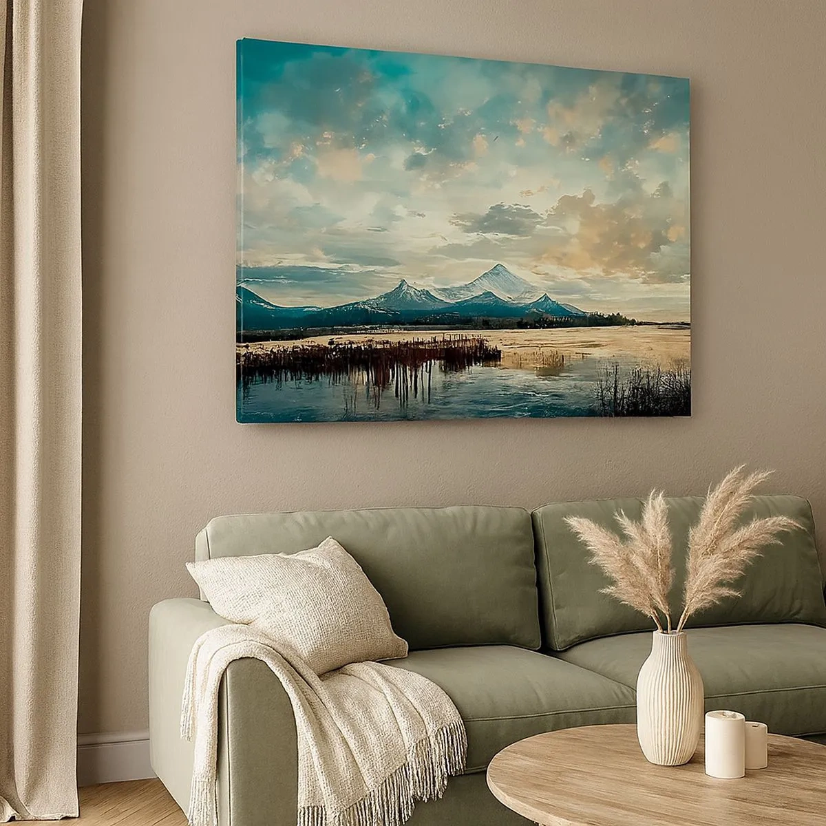 Lærredstryk - Billede på lærred - Et malerisk landskab med et bjerg og en rolig sø - 70x50cm - Under himlens beskyttelse - Moderne vægdekoration til stue og soveværelse ARTTOR