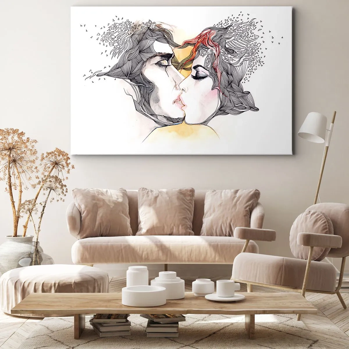 Lærredstryk - Billede på lærred - Kunstnerisk portræt af et par med abstrakte hårmotiver - 70x50cm - Verden eksisterer ikke - Moderne vægdekoration til stue og soveværelse ARTTOR