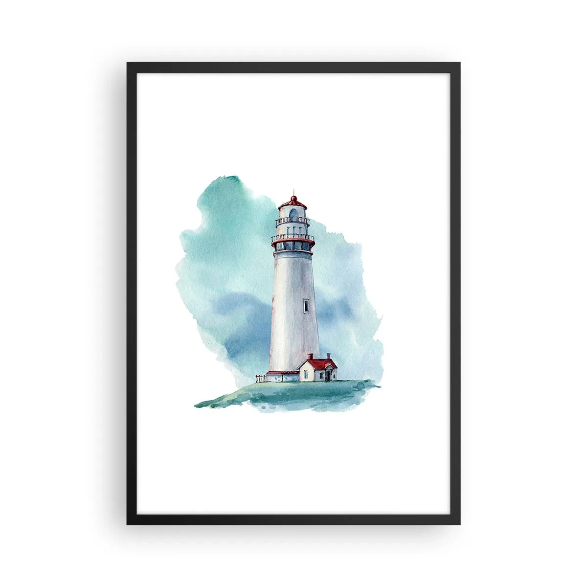 Plakat i sort ramme - En malerisk illustration af et fyrtårn omgivet af en blå himmel. - 50x70cm - Det blås blide søster - Moderne vægdekoration til stue og soveværelse ARTTOR