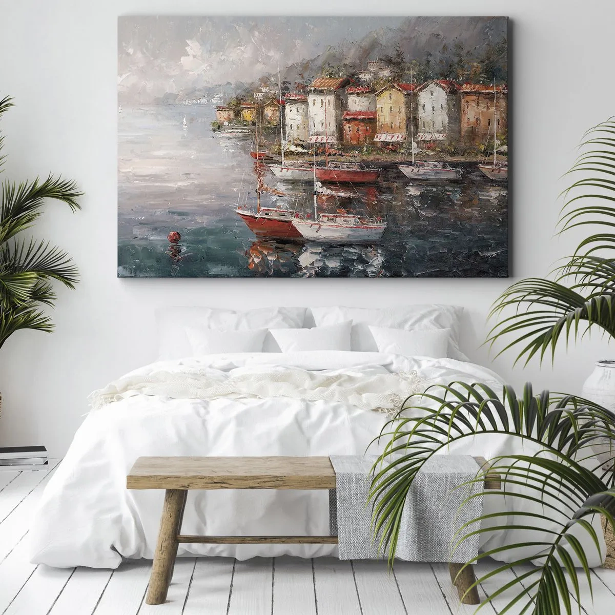 Lærredstryk - Billede på lærred - Kystlandskab med både og farverige huse - 70x50cm - Romantisk paradis - Moderne vægdekoration til stue og soveværelse ARTTOR