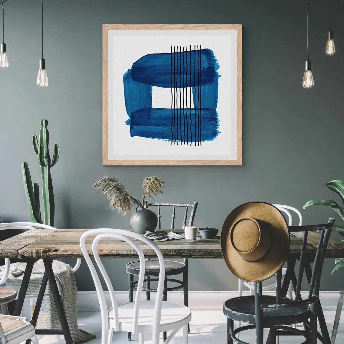 Plakat i ramme af lyst egetræ - Blå-sort sammensætning - 60x60 cm