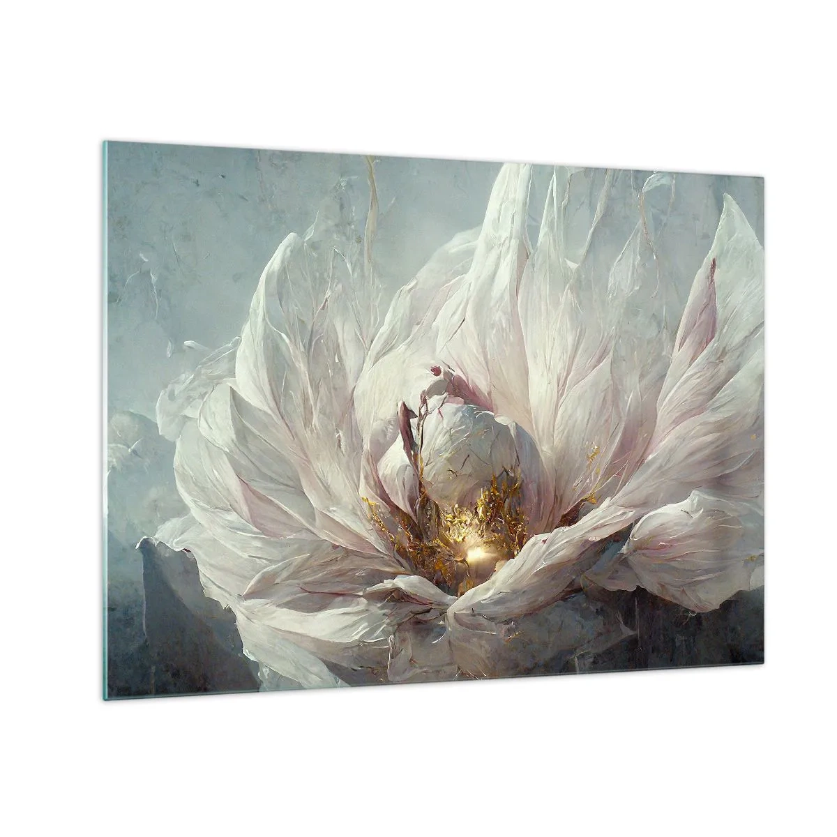 Billede på glas - En blomstrende blomst i sarte grå og guldfarver - 70x50cm - Blomstrer en gang om hundrede år - Moderne vægdekoration til stue og soveværelse ARTTOR