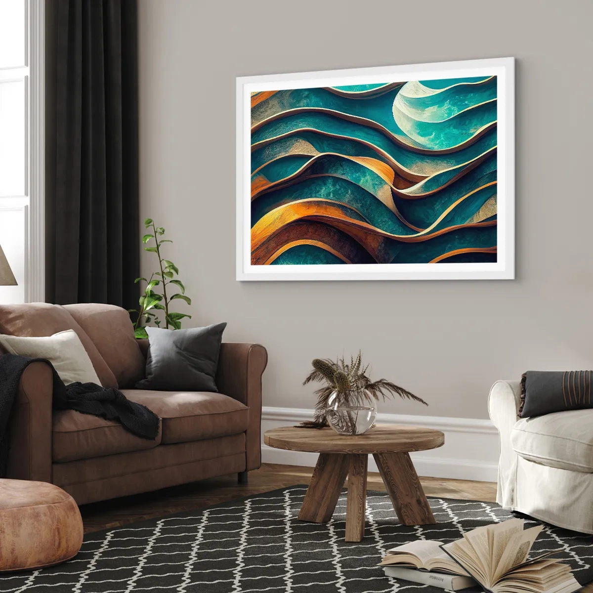 Plakat i hvid ramme - Slyngninger af blåt - 50x40 cm