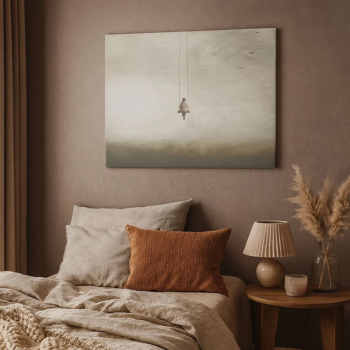 Lærredstryk - Billede på lærred - En figur på en gynge ophængt i rummet - 70x50cm - Barnet i os selv - Moderne vægdekoration til stue og soveværelse ARTTOR