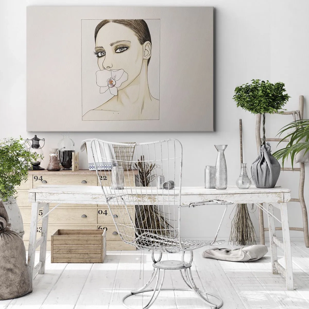 Lærredstryk - Billede på lærred - Portræt af en kvinde med en orkidé i sarte farver - 70x50cm - Et symbol på elegance og skønhed - Moderne vægdekoration til stue og soveværelse ARTTOR