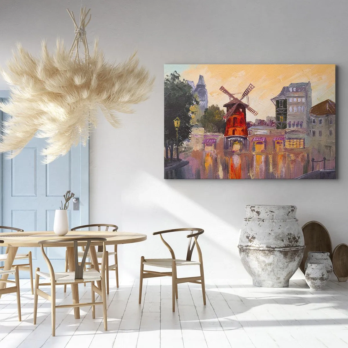 Lærredstryk - Billede på lærred - Den røde vindmølle på Moulin Rouge omgivet af bybilledet - 70x50cm - Parisiske ikoner - Moulin Rouge - Moderne vægdekoration til stue og soveværelse ARTTOR