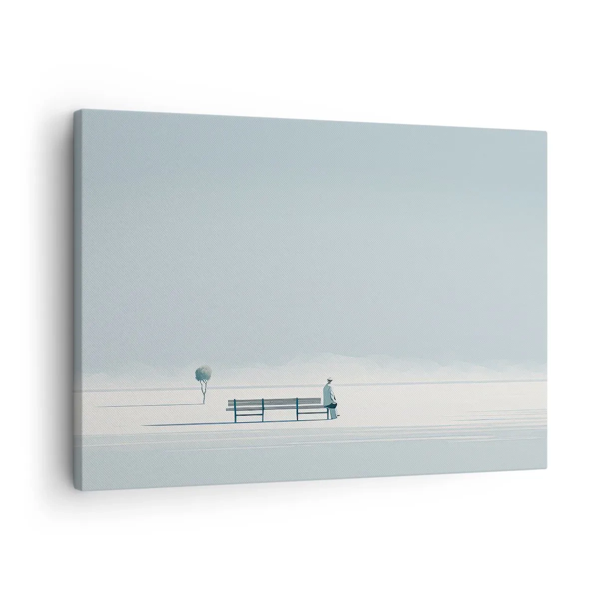 Lærredstryk - Billede på lærred - En person sidder på en bænk i et minimalistisk landskab - 70x50cm - Ja, jeg venter. - Moderne vægdekoration til stue og soveværelse ARTTOR