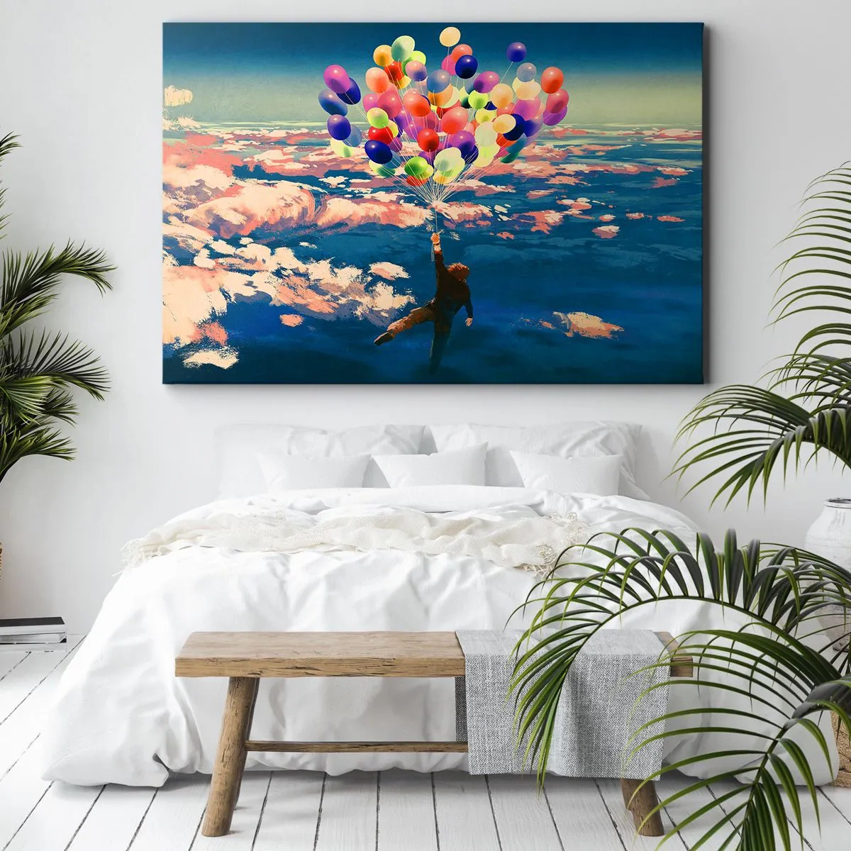 Lærredstryk - Billede på lærred - En figur, der svæver over skyerne med farverige balloner - 70x50cm - En barndomsdrøm, der går i opfyldelse - Moderne vægdekoration til stue og soveværelse ARTTOR