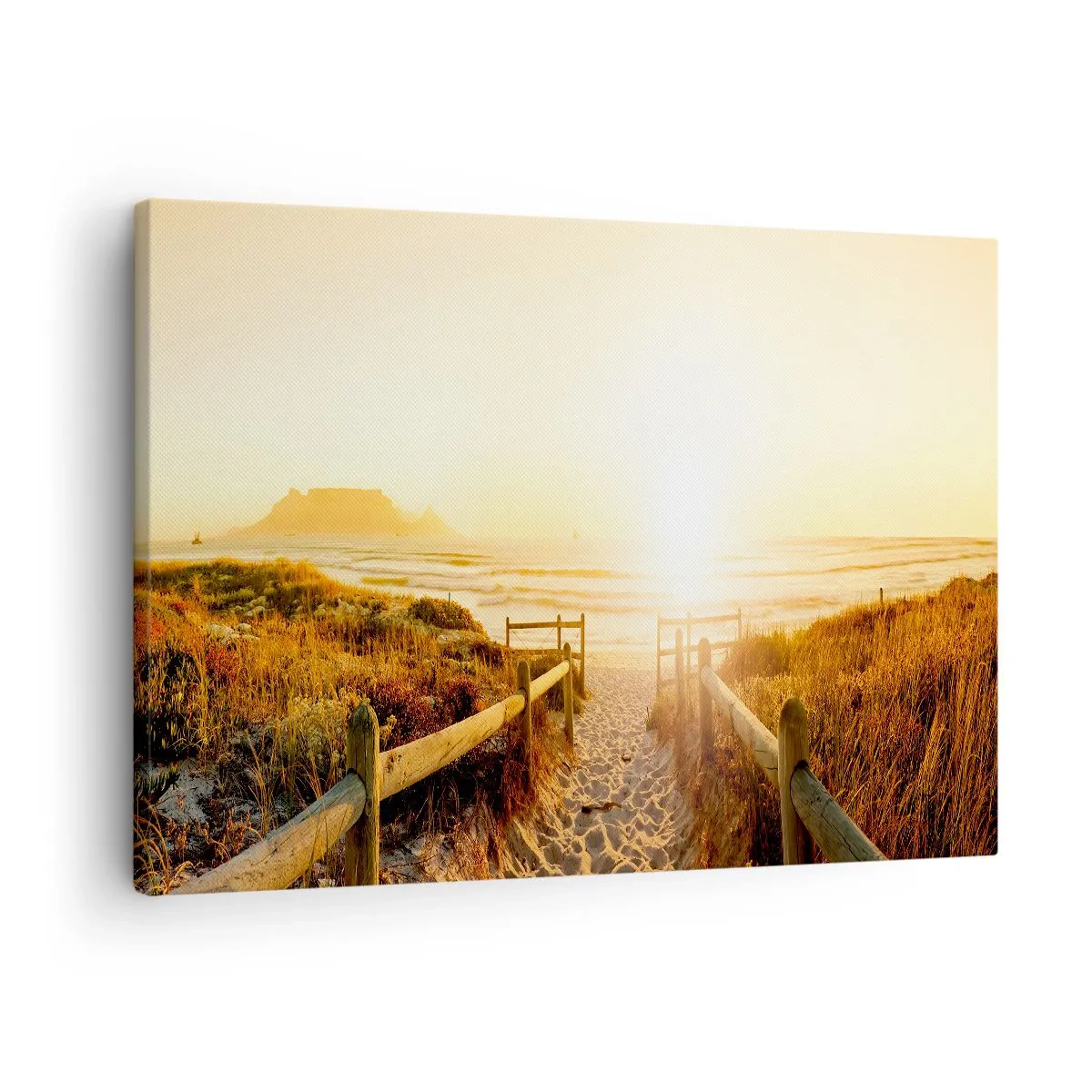 Lærredstryk - Billede på lærred - Sti til stranden under en gylden solnedgang - 70x50cm - Over klitten, mod solen - Moderne vægdekoration til stue og soveværelse ARTTOR