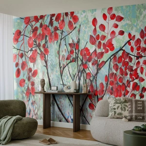 Fototapet Standard Eco - Abstrakte grene med røde blade på en lys baggrund - 100x70cm - Træ i skarlagenrødt - Moderne vægdekoration til stue og soveværelse ARTTOR