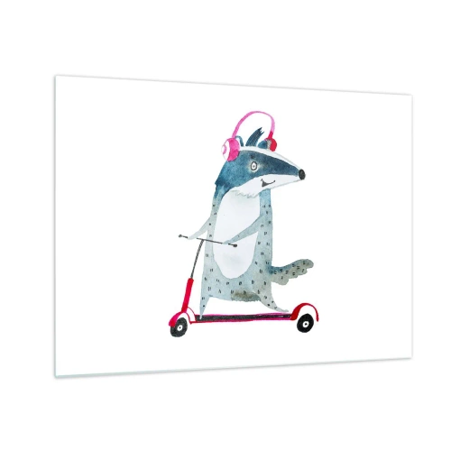 Billede på glas - Grævling med hovedtelefoner på en akvarel-scooter - 70x50cm - Grævlingens glæder - Moderne vægdekoration til stue og soveværelse ARTTOR