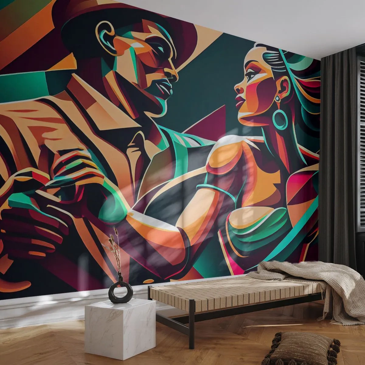 Fototapet Selvklæbende Deluxe Sticker - I hjertets rytme - Kubisme, Par, Dans - 250x175 cm