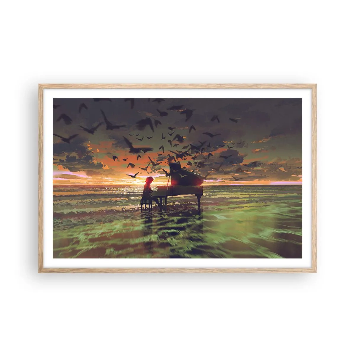 Plakat i ramme af lyst egetræ - Koncert for klaver og bølger - 91x61 cm