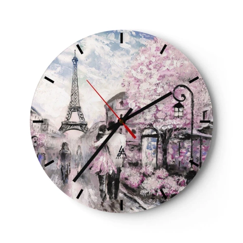 Vægur, Uret - Romantisk udsigt over Paris med Eiffeltårnet og blomstrende træer - 30x30cm - Hvis du bliver forelsket, er det kun i... - Moderne vægdekoration til stue, køkken og soveværelse ARTTOR
