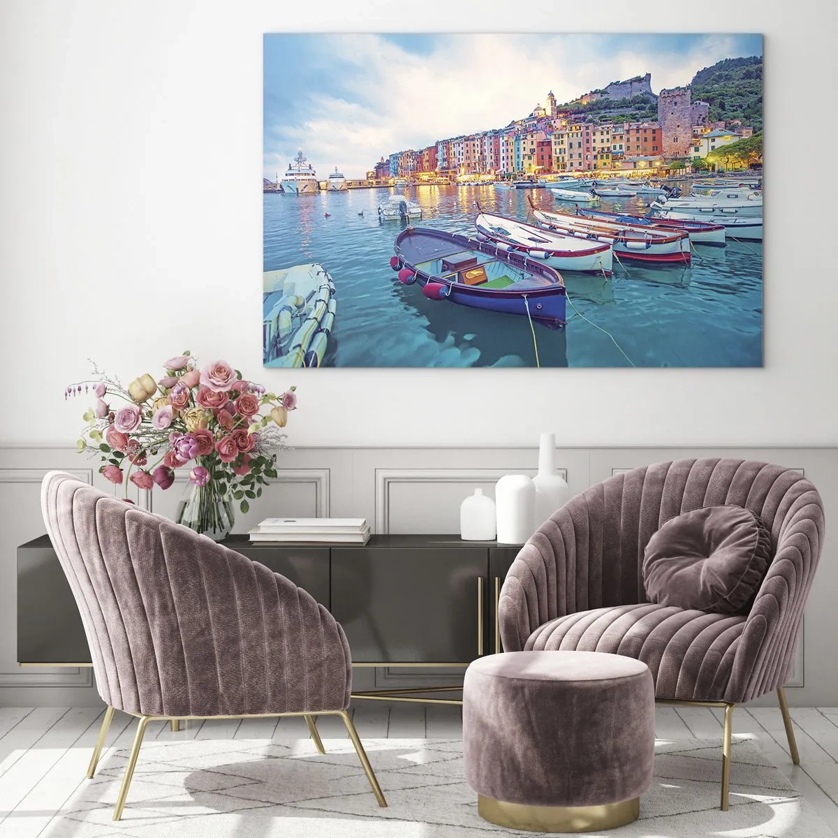 Billede på glas - Aftenudsigt over Cinque Terre med dens farverige bygninger - 70x50cm - En farverig aften i havnen - Moderne vægdekoration til stue og soveværelse ARTTOR