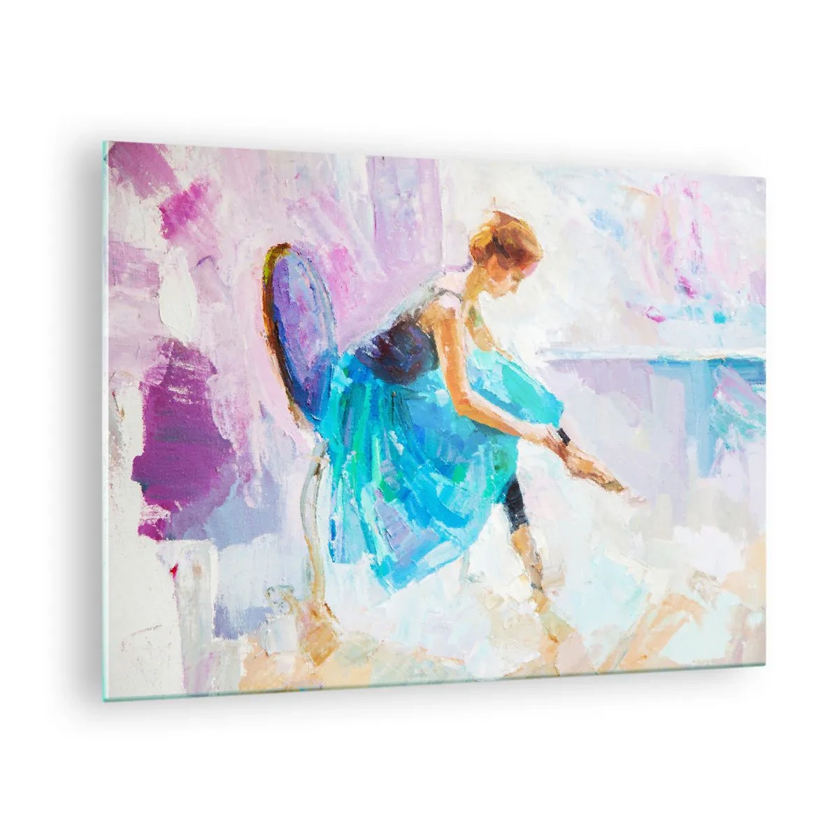Billede på glas - En ballerina i en blå kjole mod en impressionistisk baggrund - 70x50cm - Ubeskrivelig ynde, subtil charme - Moderne vægdekoration til stue og soveværelse ARTTOR