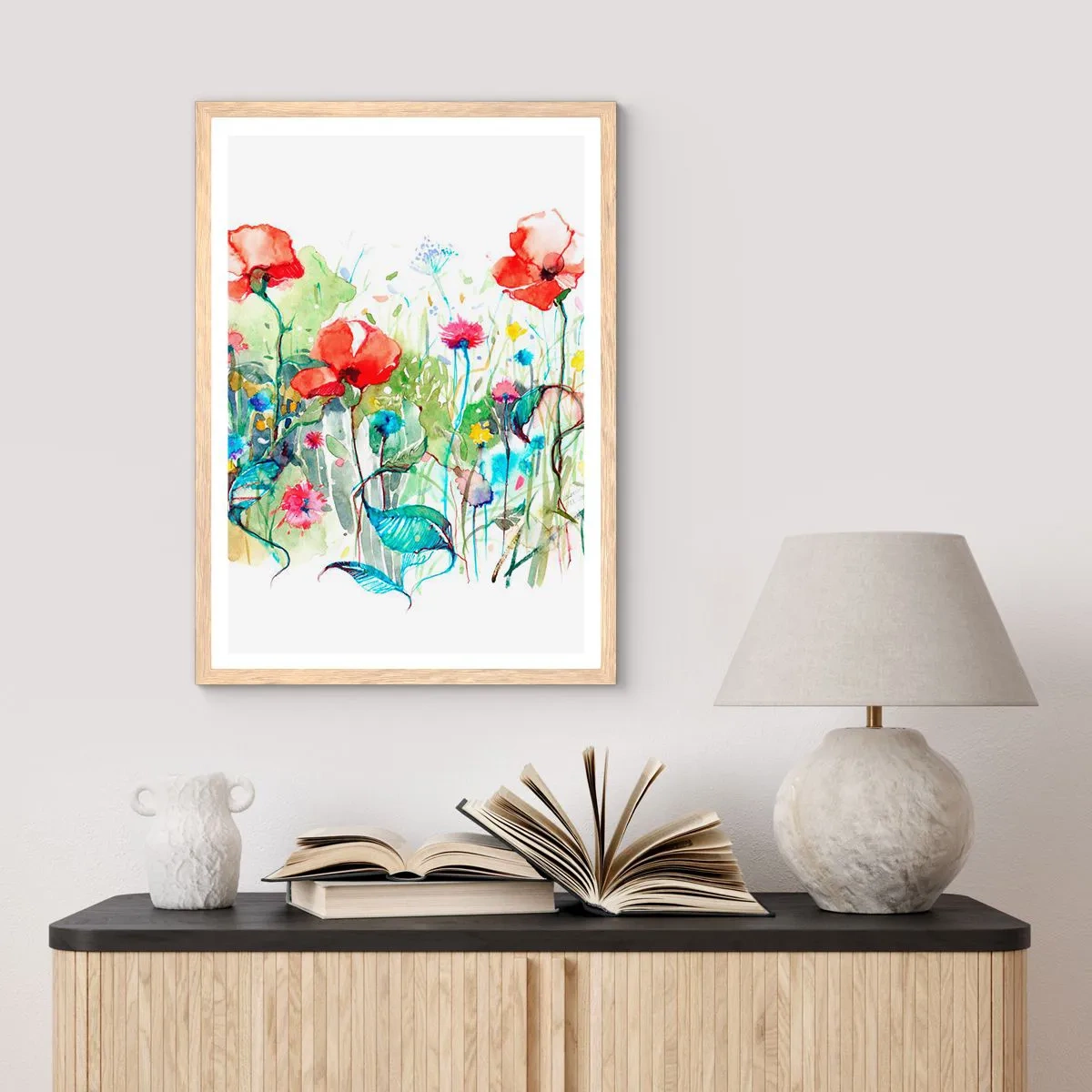 Plakat i ramme af lyst egetræ - En blomstrende eng i maj - 70x100 cm