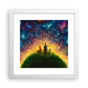 Plakat i hvid ramme - Kærlighed og venskab - hele verden - 30x30 cm