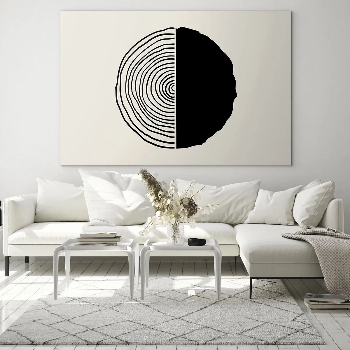 Billede på glas - En minimalistisk grafik af et tværsnit af en træstamme i to halvdele. - 70x50cm - Halvt og halvt - Moderne vægdekoration til stue og soveværelse ARTTOR