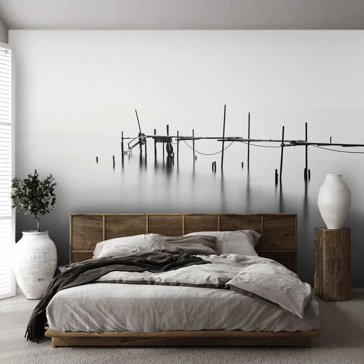 Fototapet Premium Sand - Hvad nu, hvis verden ikke eksisterer? - Landskab, træbro, Sort og hvid - 100x70 cm