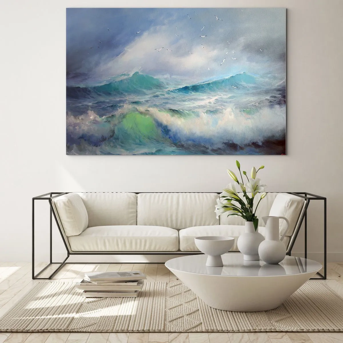 Billede på glas - Bølger i havet med fugle på en overskyet himmel - 70x50cm - "Hvirvelvinden hylede af triumf ...’ - Moderne vægdekoration til stue og soveværelse ARTTOR