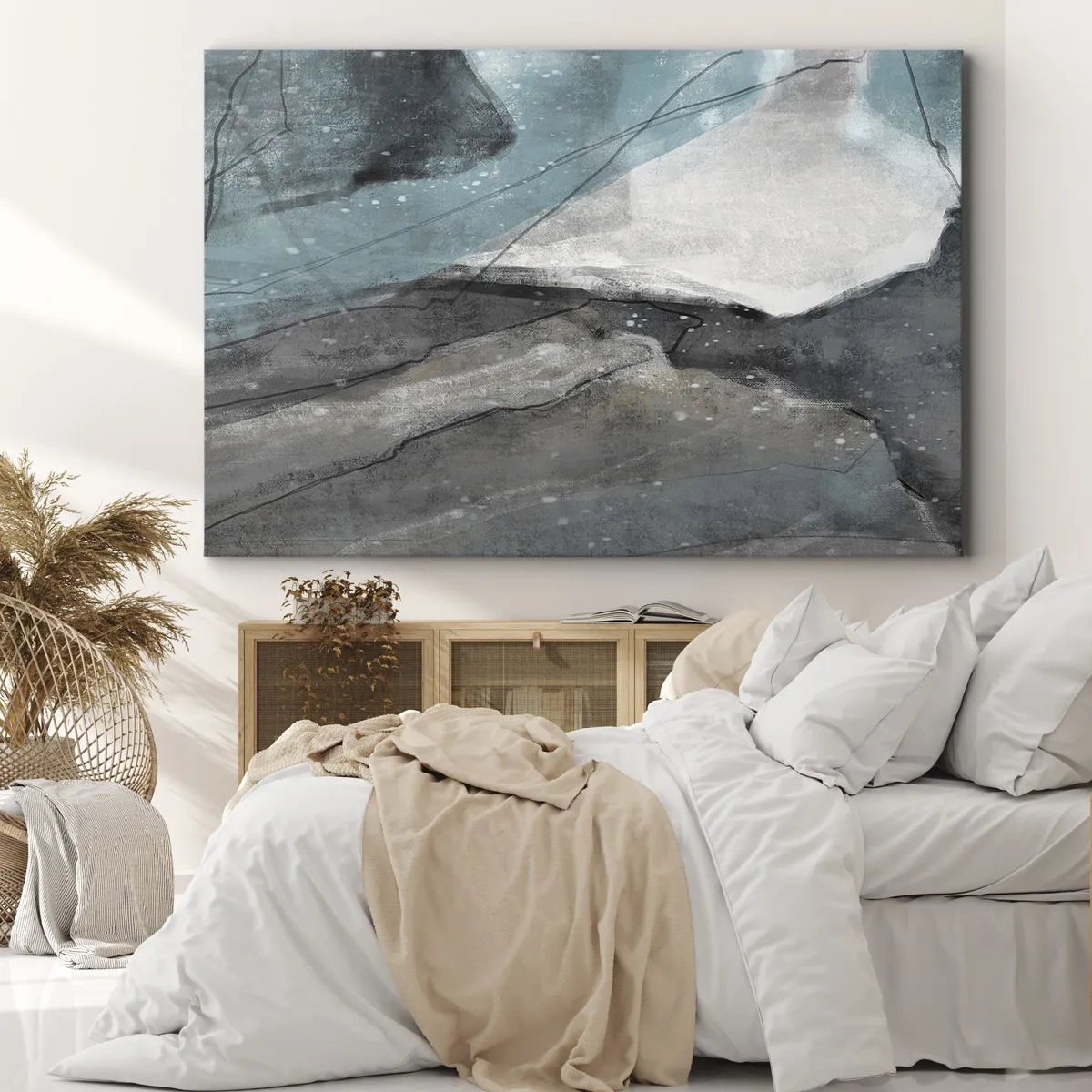 Lærredstryk - Billede på lærred - Abstrakt komposition i nuancer af grå og blå - 70x50cm - Abstraktion: klipper og is - Moderne vægdekoration til stue og soveværelse ARTTOR
