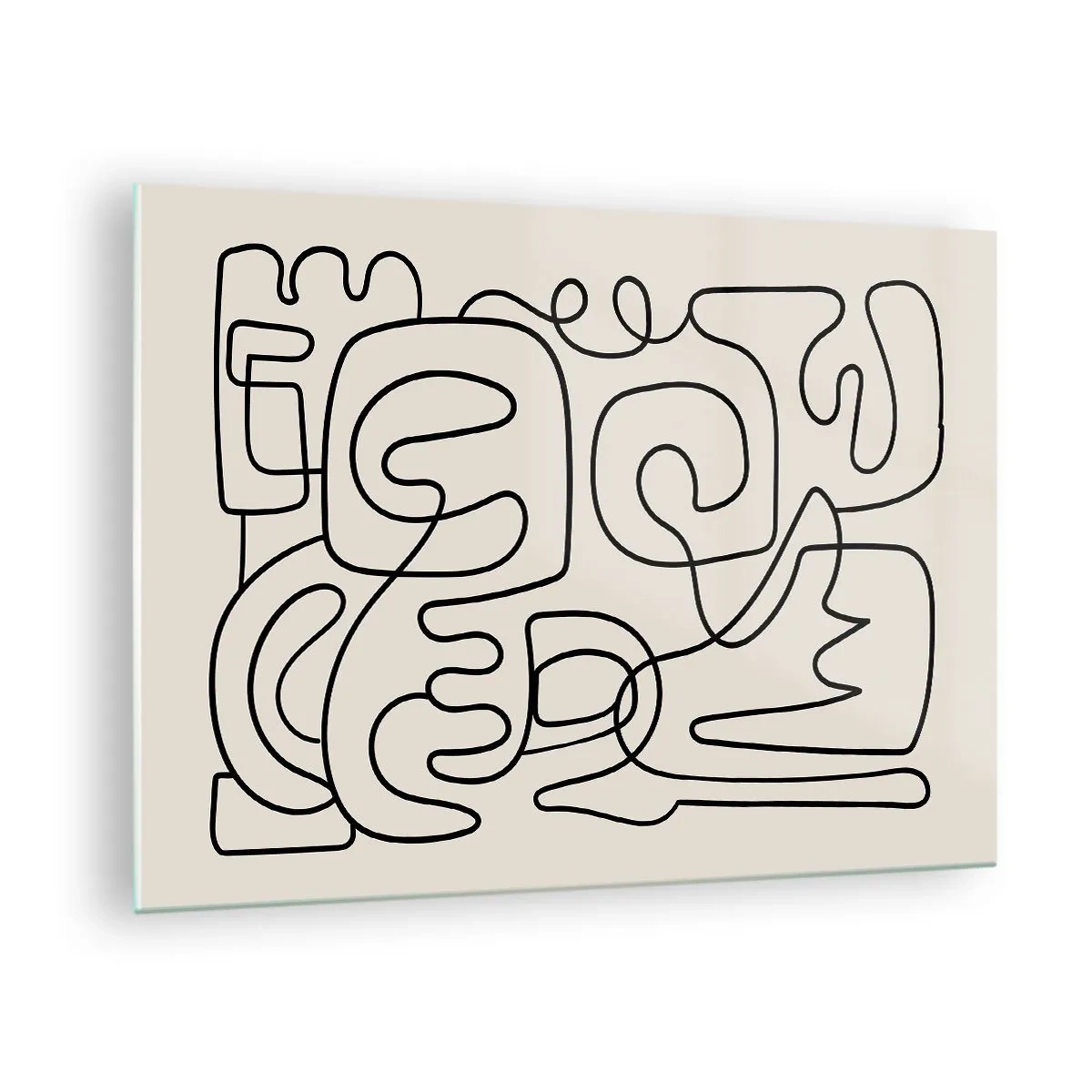 Billede på glas - Sorte abstrakte linjer danner et komplekst mønster på beige - 70x50cm - På sporet - Moderne vægdekoration til stue og soveværelse ARTTOR