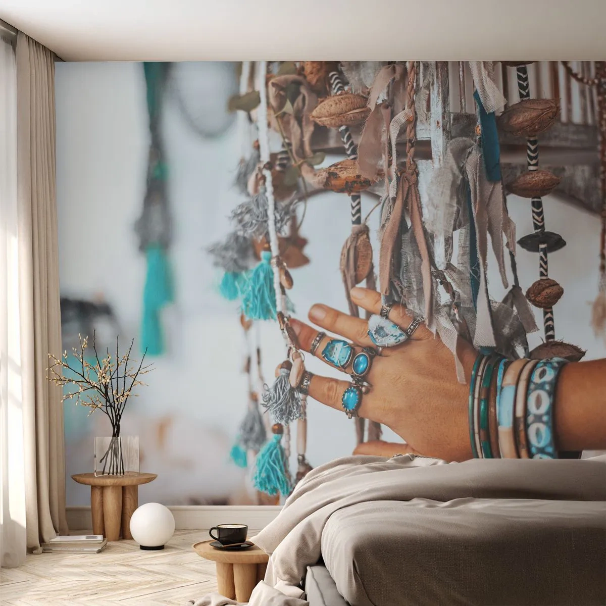 Fototapet Premium Sand - Lokale skatte - Kvindehånd, Smykker, Boho - 350x256 cm