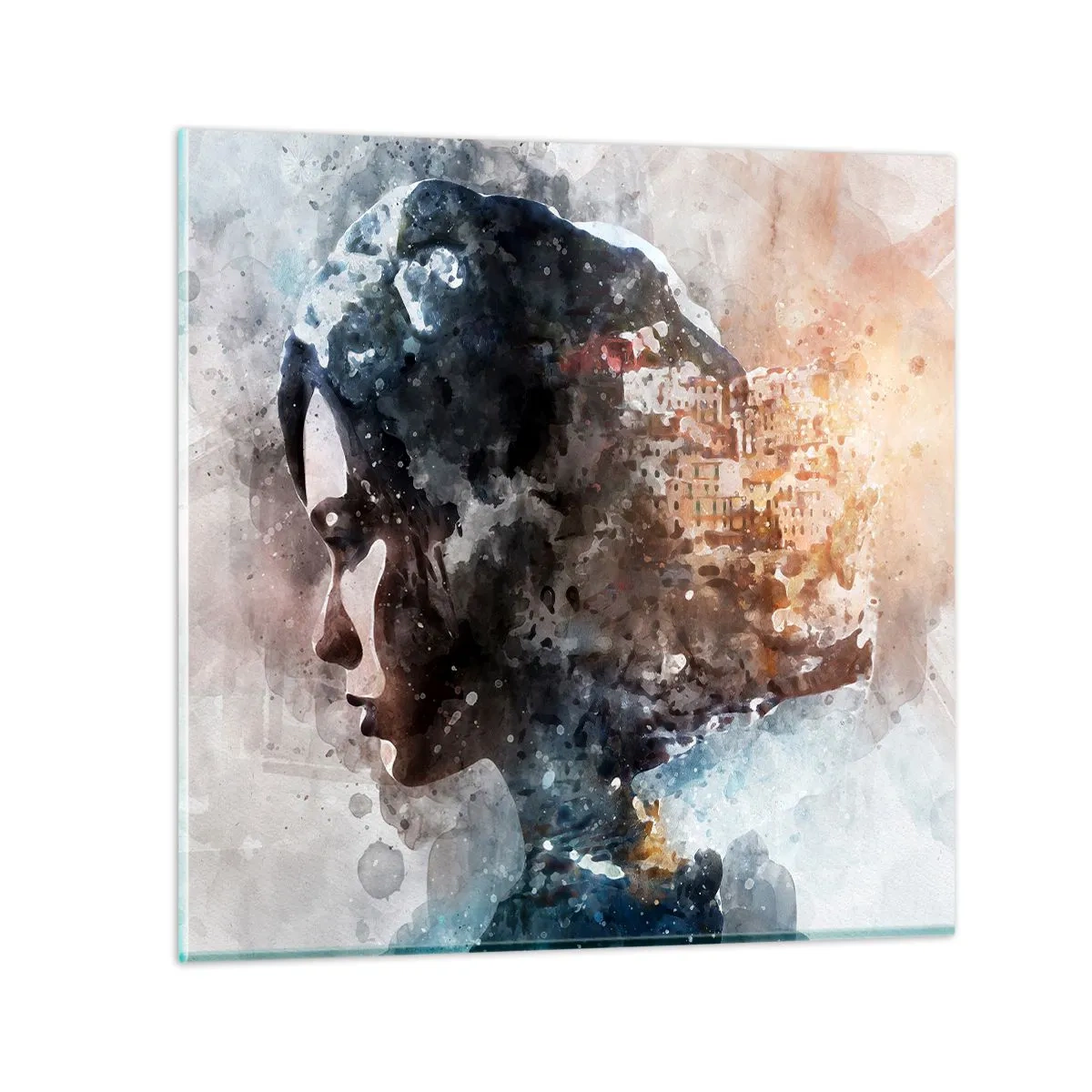 Billede på glas - Historien om en pige med en by i baggrunden - 70x70 cm