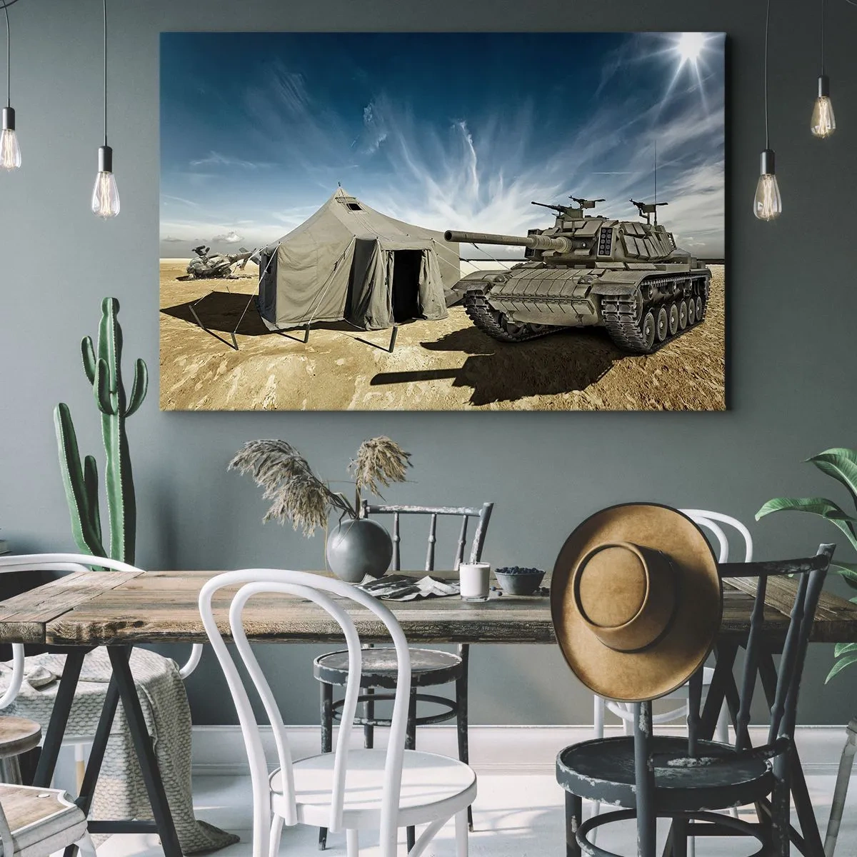 Lærredstryk - Billede på lærred - En tank ved siden af et militærtelt i et ørkenområde - 70x50cm - En militær drøm - Moderne vægdekoration til stue og soveværelse ARTTOR