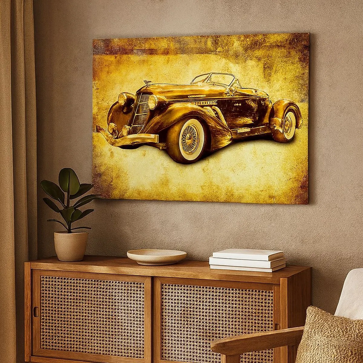Lærredstryk - Billede på lærred - En klassisk guldfarvet retro cabriolet mod en vintage-baggrund i varme farver. - 70x50cm - Eliten af eliten - Moderne vægdekoration til stue og soveværelse ARTTOR