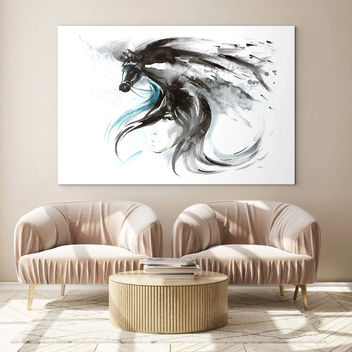 Billede på glas - Portræt af en kvinde og en hest i en kunstnerisk, dynamisk komposition - 70x50cm - Den sorte prins' galop - Moderne vægdekoration til stue og soveværelse ARTTOR