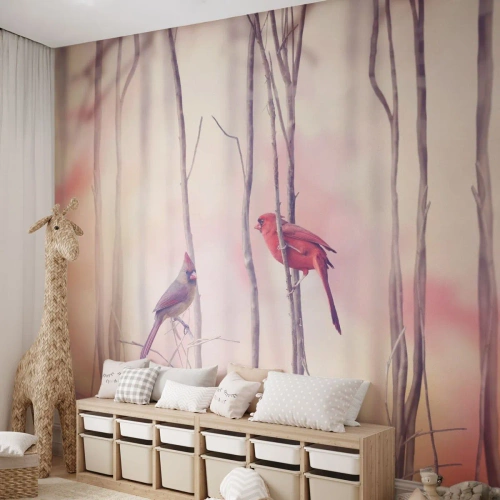 Fototapet Premium Canvas - Fortællingen om den lyserøde skov - Fugl, Natur, Skov - 400x280 cm