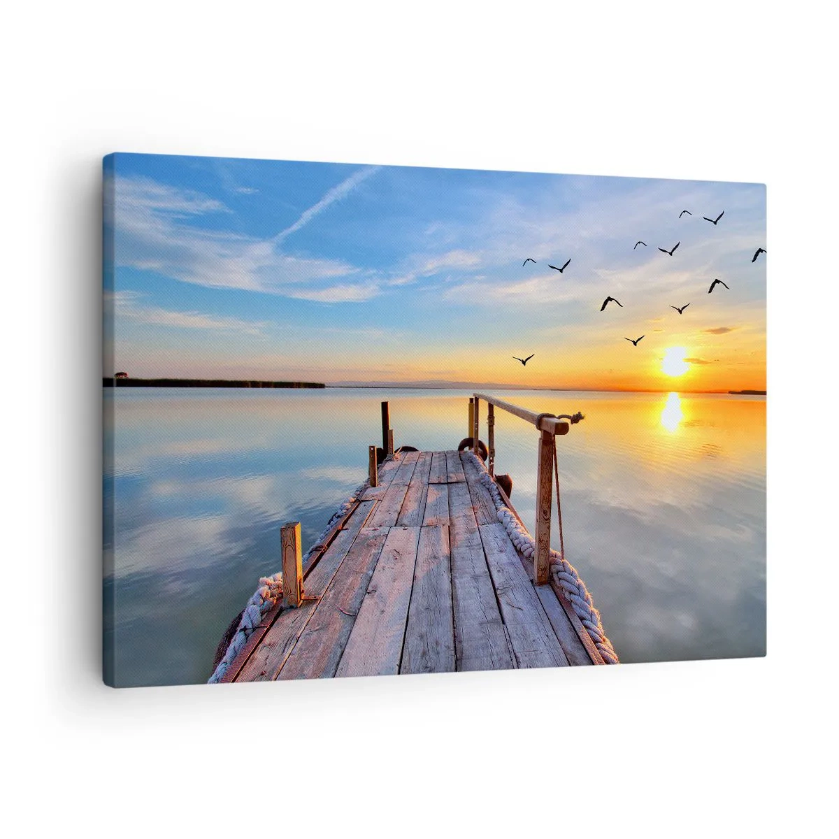 Lærredstryk - Billede på lærred - Træmole ved solnedgang på en rolig sø - 70x50cm - Går fremad mod solen - Moderne vægdekoration til stue og soveværelse ARTTOR