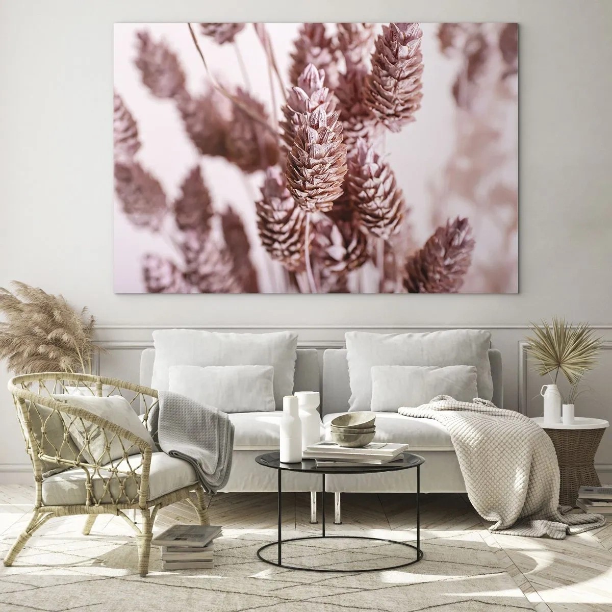 Billede på glas - Tørrede græsører i nuancer af pudderrosa - 70x50cm - Tilsyneladende ubemærket - Moderne vægdekoration til stue og soveværelse ARTTOR