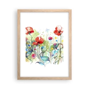 Plakat i ramme af lyst egetræ - En blomstrende eng i maj - 30x40 cm
